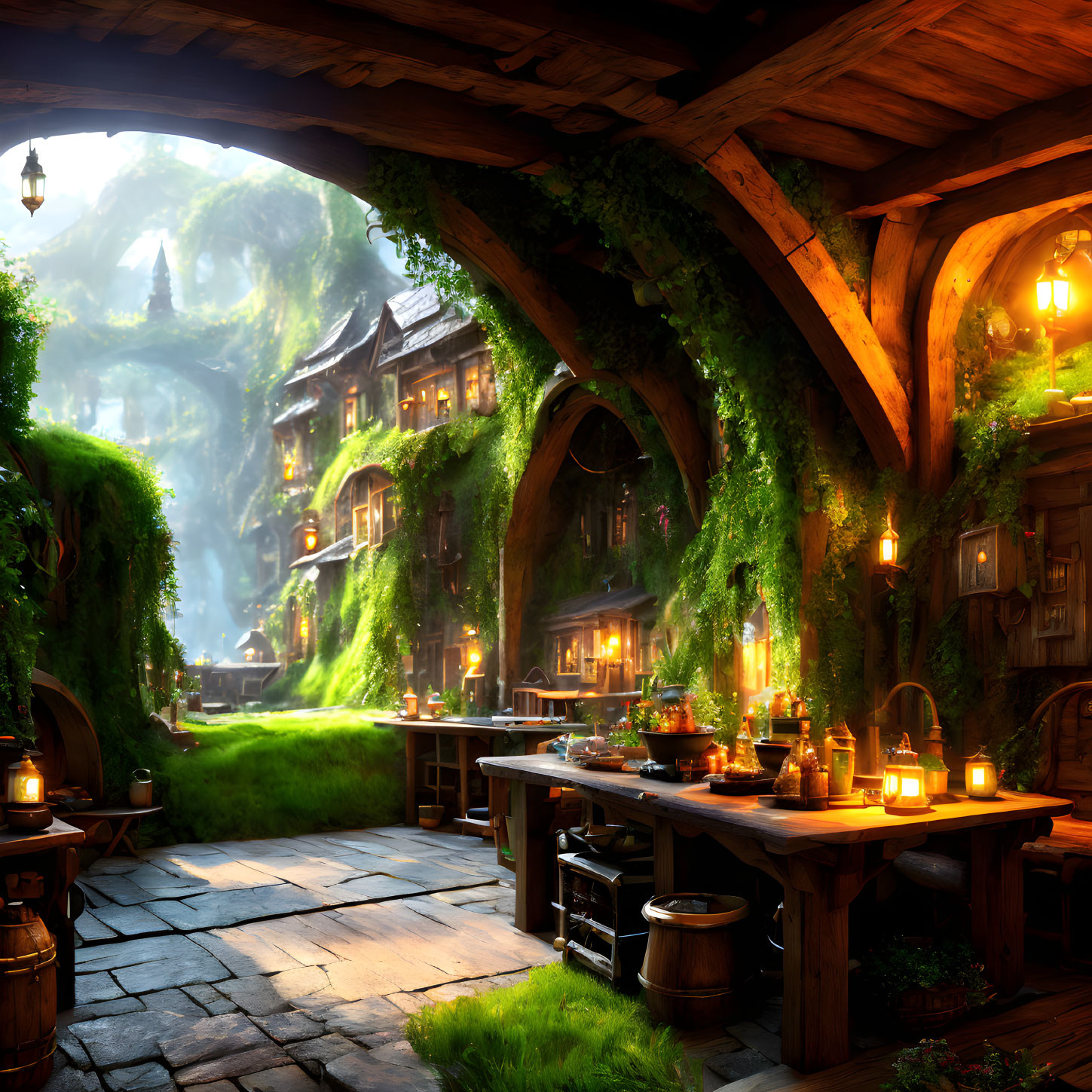 Fantasy tavern with green ivy, lantern light, wooden tables, and mystical village backdrop