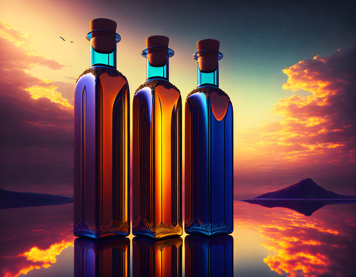 Colorful Glass Bottles Against Vibrant Sunset Sky and Mountain Reflection