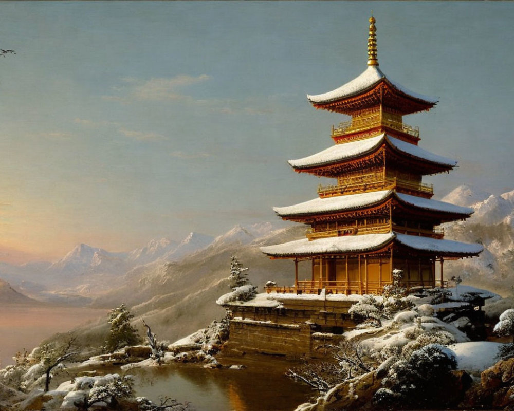 Traditional multi-tiered pagoda in snowy landscape with mountains, lake, and sun hues