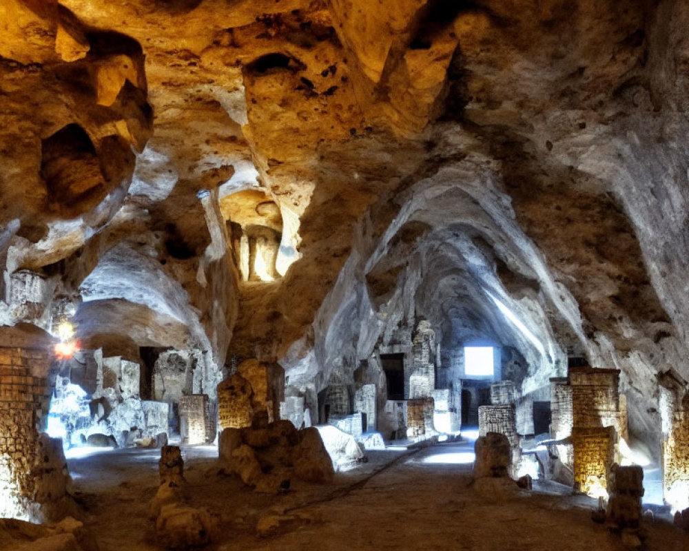 Underground cave with rocky walls, stone pillars, walkways, and distant display screen