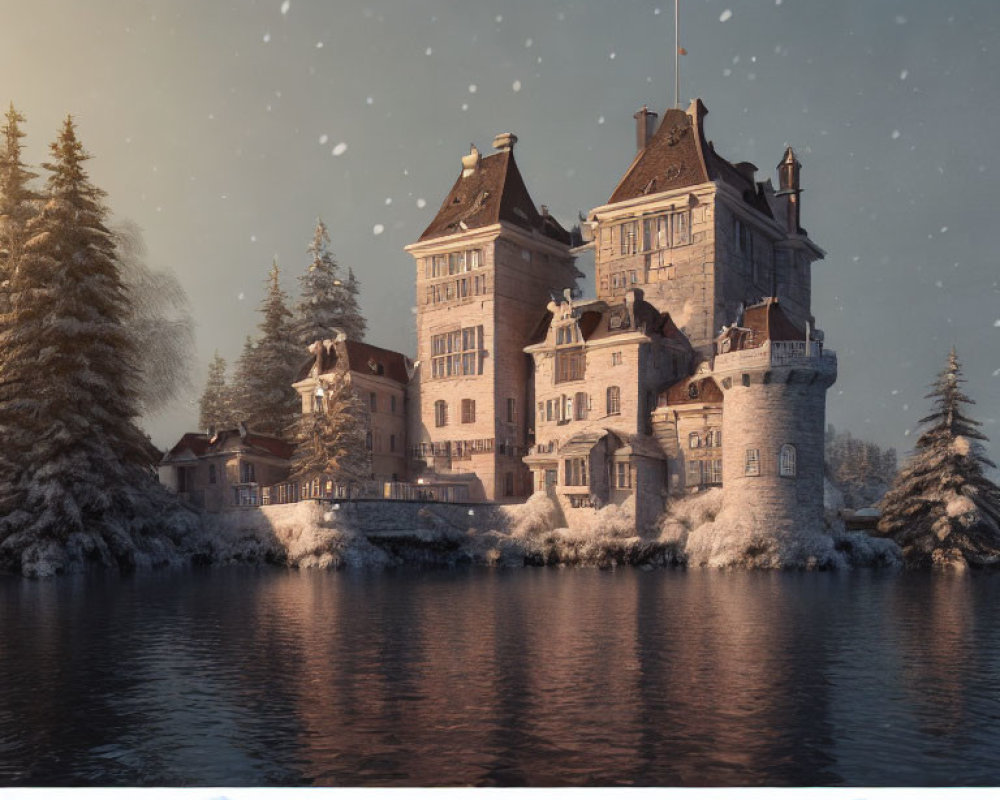 Snow-covered stone chateau by calm lake in winter scene