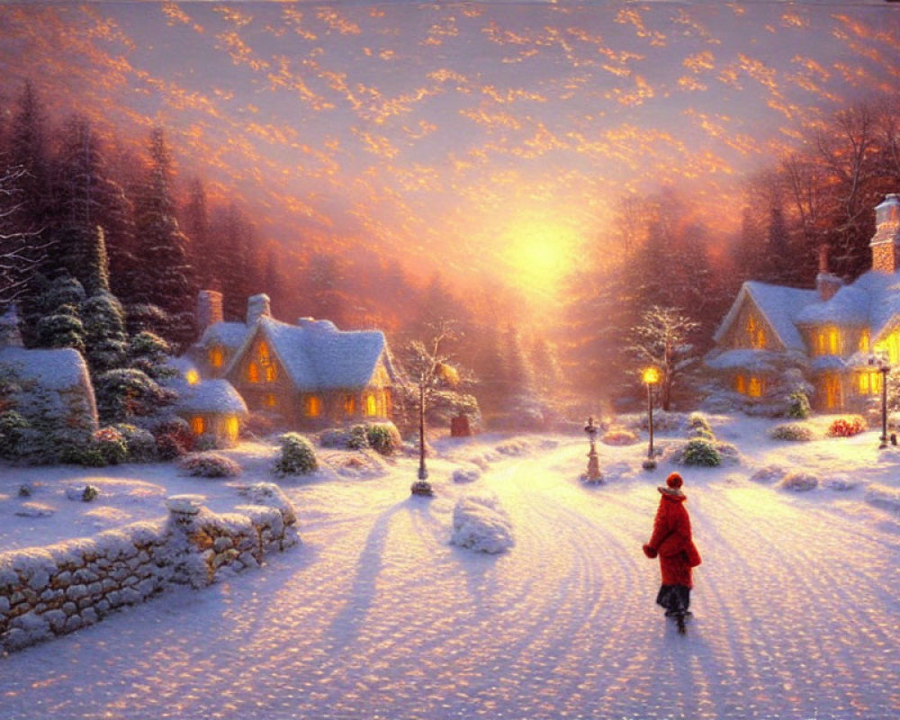 Snow-covered cottages and glowing street lamps in wintry village scene at sunset