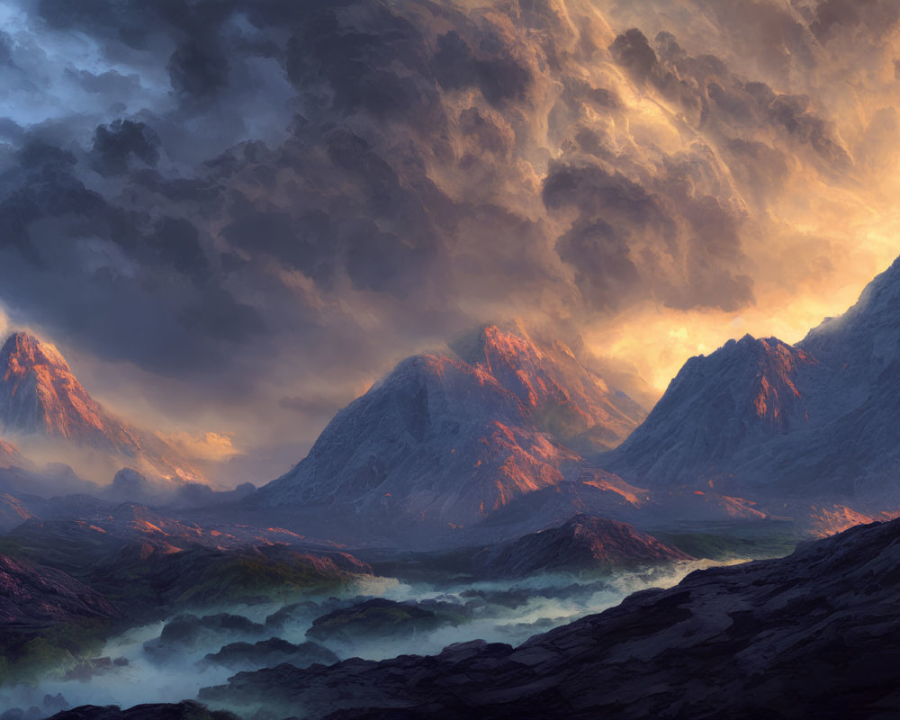 Dramatic landscape of rugged mountains under tumultuous sky