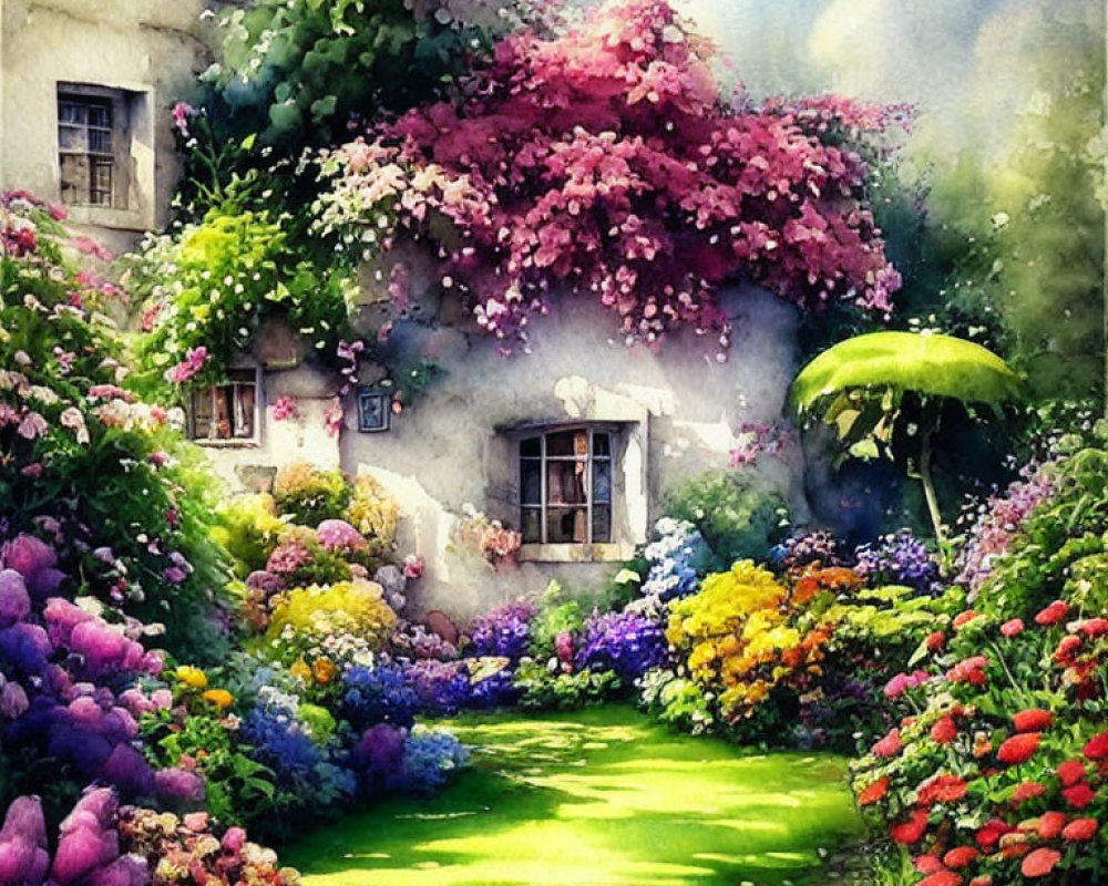 Colorful watercolor painting of cottage in nature