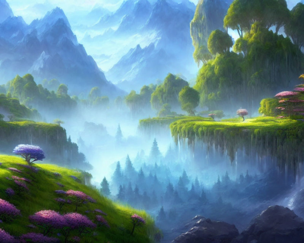 Tranquil fantasy landscape with greenery, purple trees, mist, and mountains