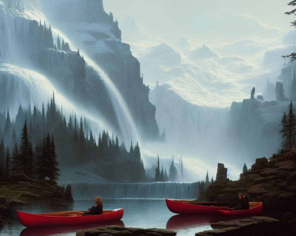 Red Canoes on Calm Lake with Waterfalls and Snowy Mountains