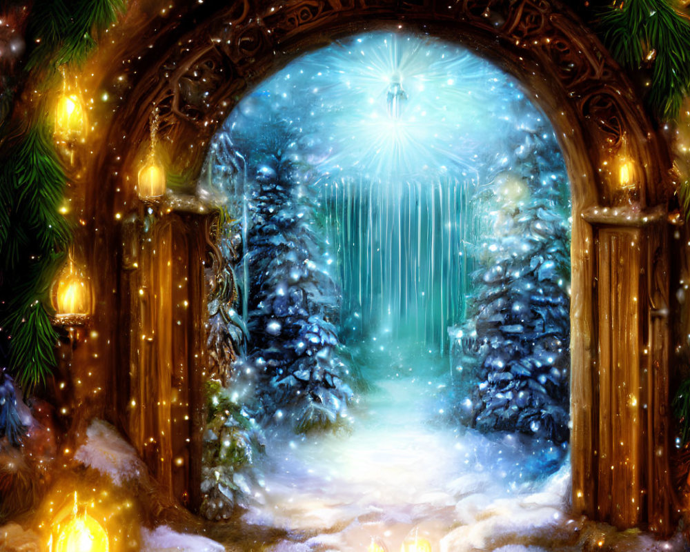 Snow-covered trees and bright star in winter scene through arched gateway