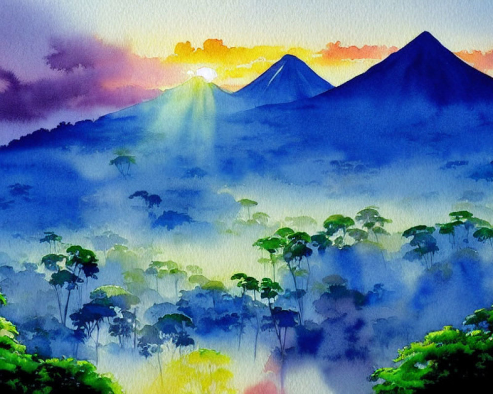 Vibrant watercolor painting of sunrise over misty tropical forest.