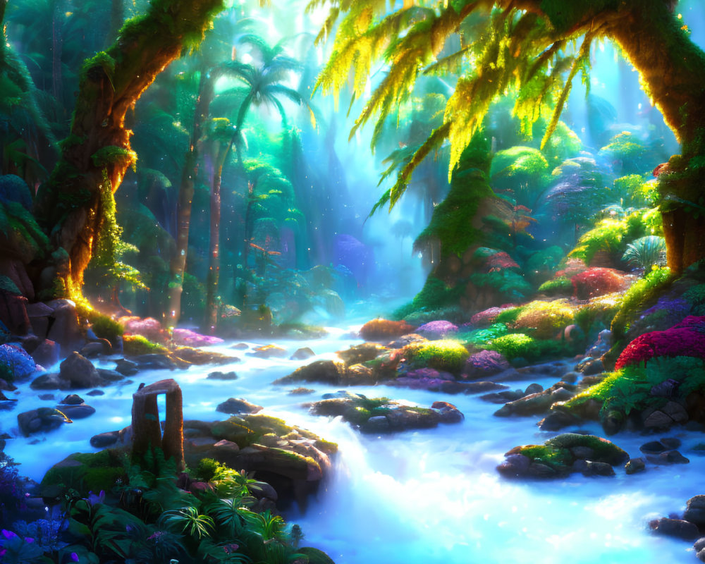 Lush greenery and misty river in enchanted forest scene