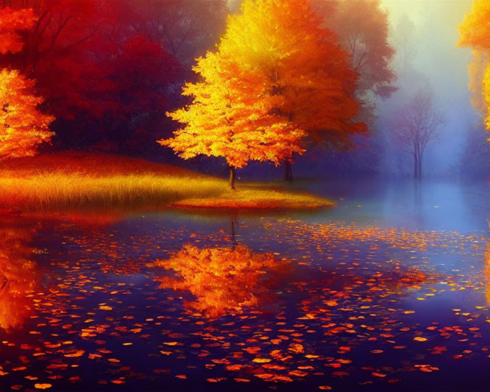 Colorful autumn trees mirrored in serene lake under misty sky