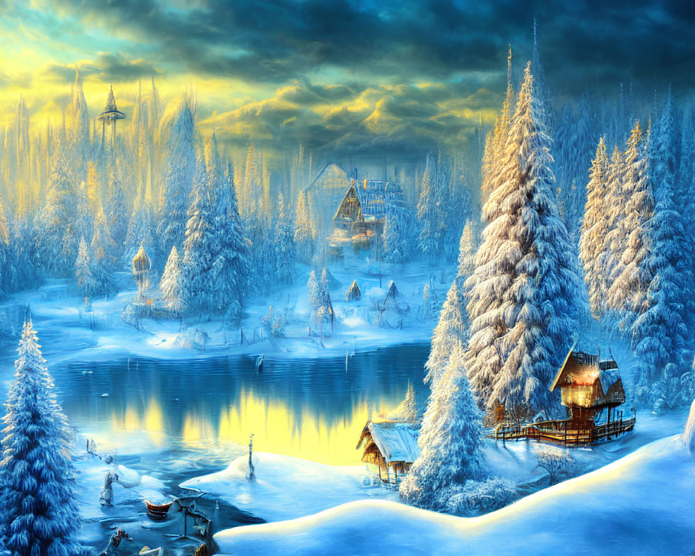 Snow-covered pine trees, frozen lake, cozy cottage - serene winter scene