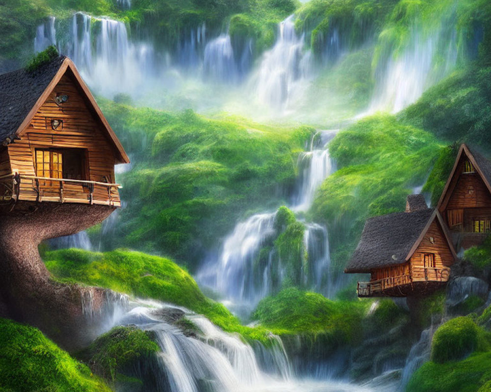 Tranquil landscape with wooden cabins, lush hills, and cascading waterfalls