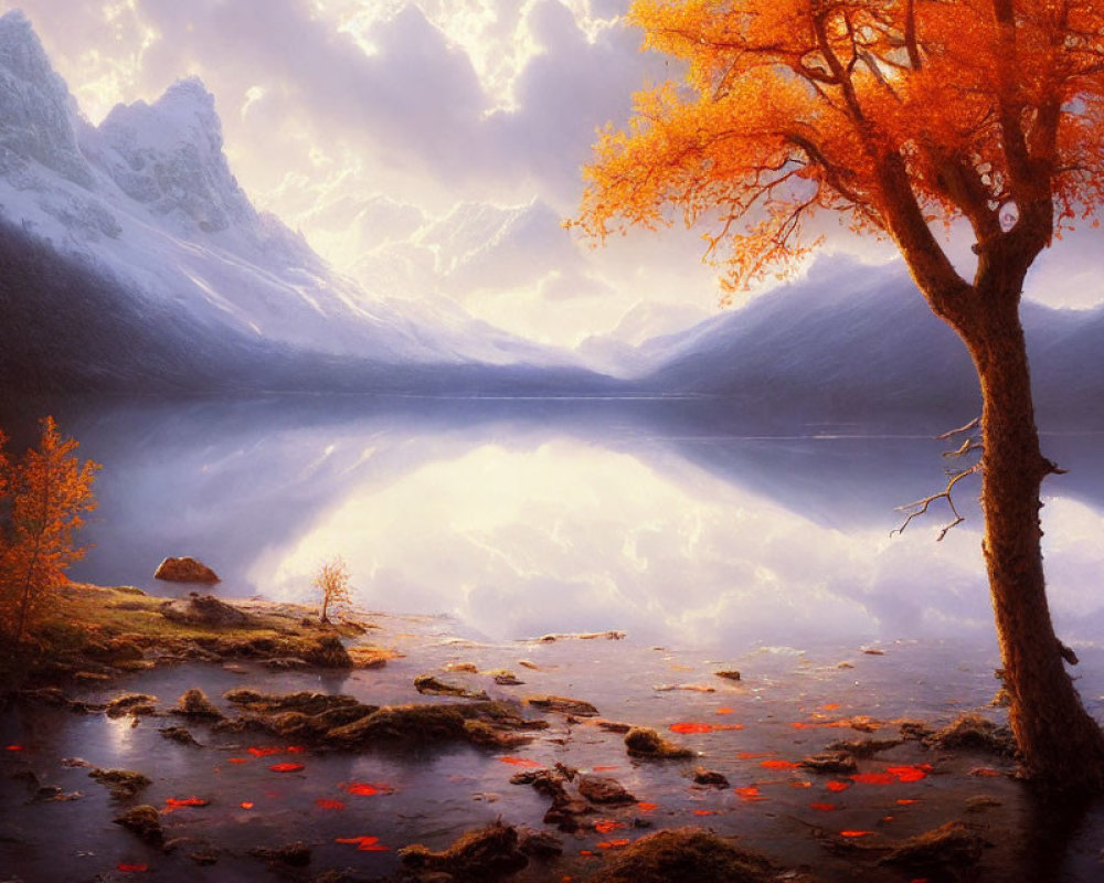 Tranquil autumn scene: orange tree, lake, mountains, glowing sky