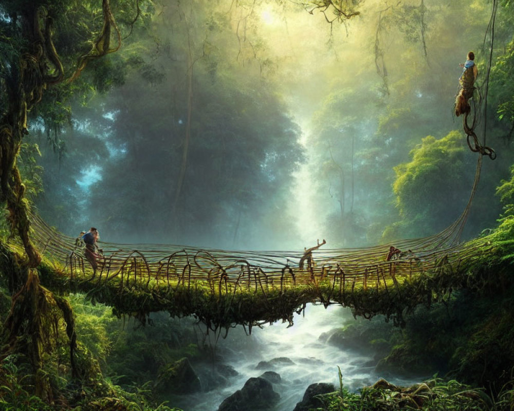 Mystical forest scene with hanging bridge, sunlight, people, and monkey