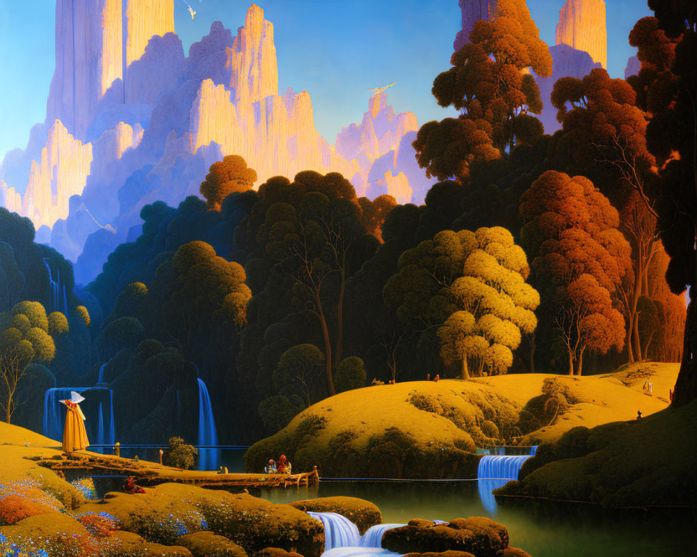 Vibrant landscape with cliffs, waterfall, trees, and tiny figures