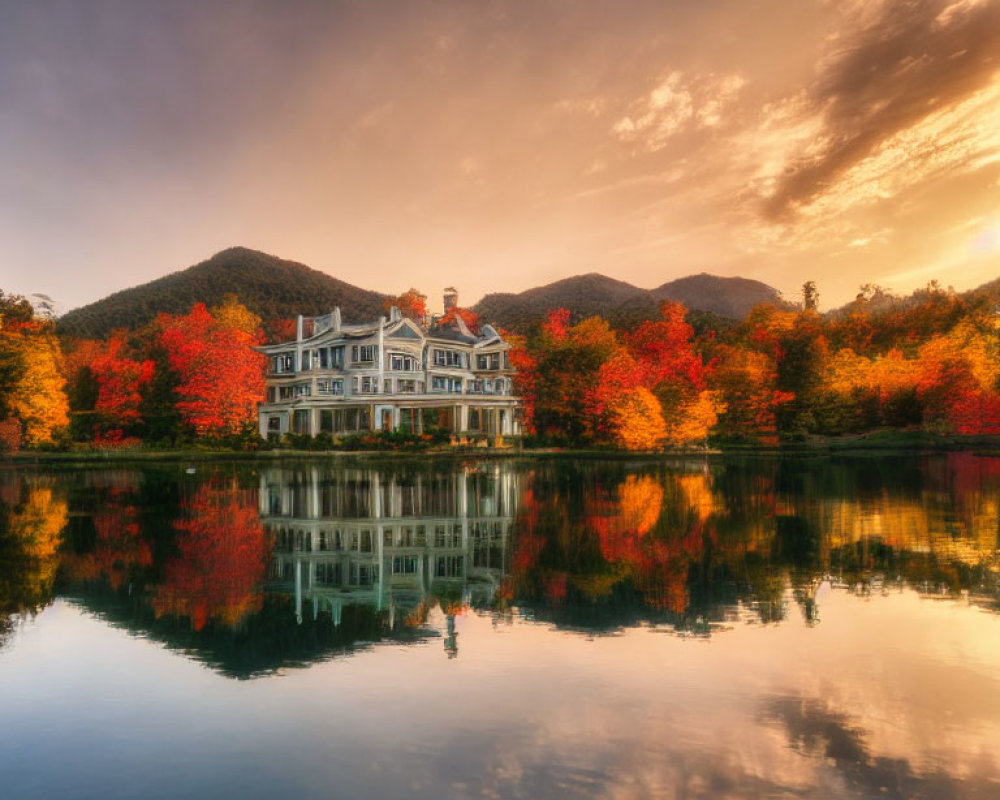 Tranquil autumn landscape with grand house, lake reflection, fall foliage, and mountains at sunset