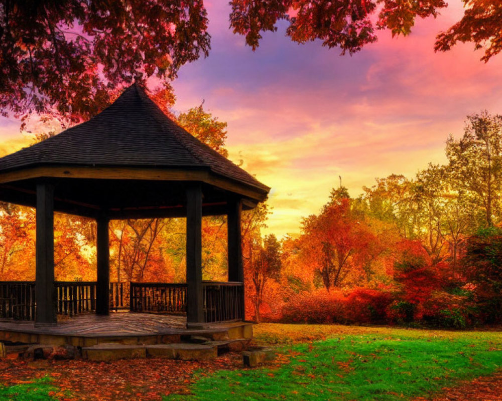 Tranquil Sunset Scene: Wooden Gazebo in Autumn Park