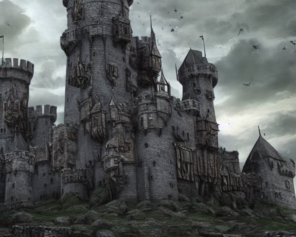 Medieval castle on rugged terrain under dark clouds and circling crows