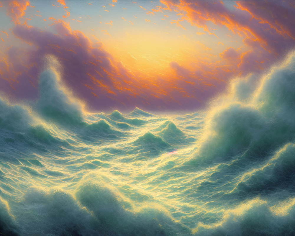 Vibrant sunset over turbulent sea with orange clouds and reflecting light