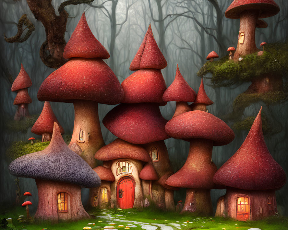 Enchanted forest with fantasy mushroom houses