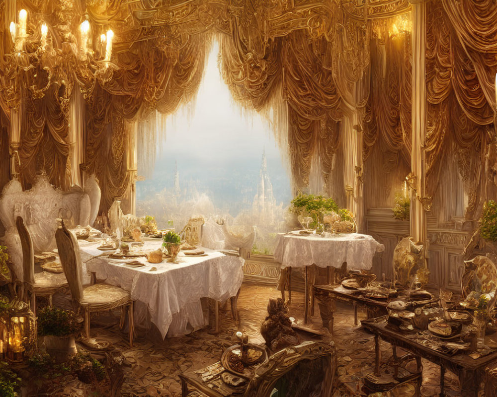 Luxurious dining room with golden drapes, chandeliers, lavish feast, and misty outdoor