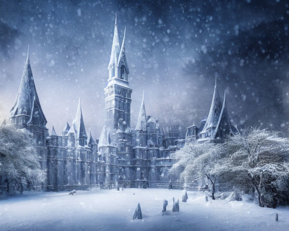 Snowy landscape with magical castle and falling snowflakes