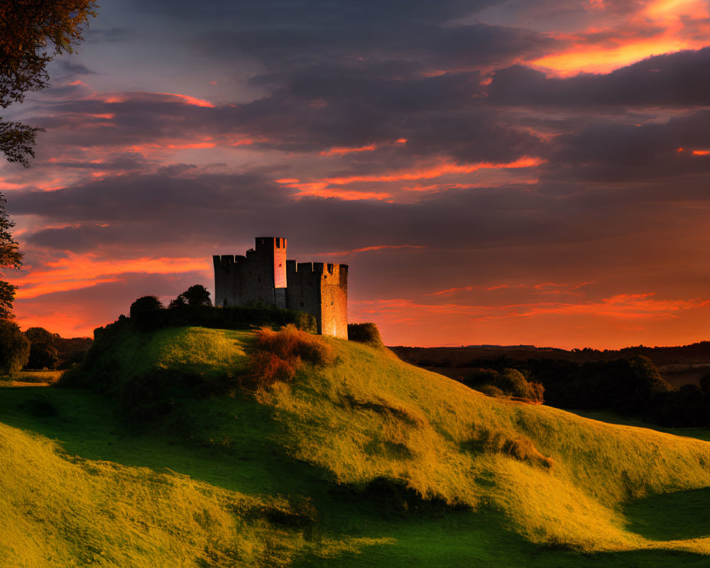 Majestic castle on green hill under dramatic sunset sky