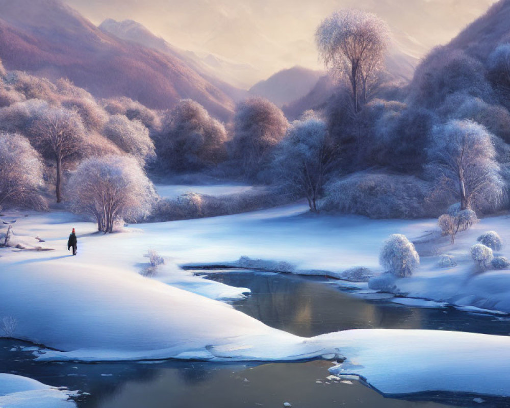 Tranquil winter landscape with frozen river and snow-covered trees