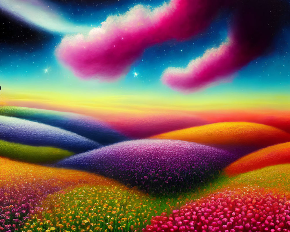 Colorful Rolling Hills of Flowers Under Starry Sky with Pink and Purple Nebula