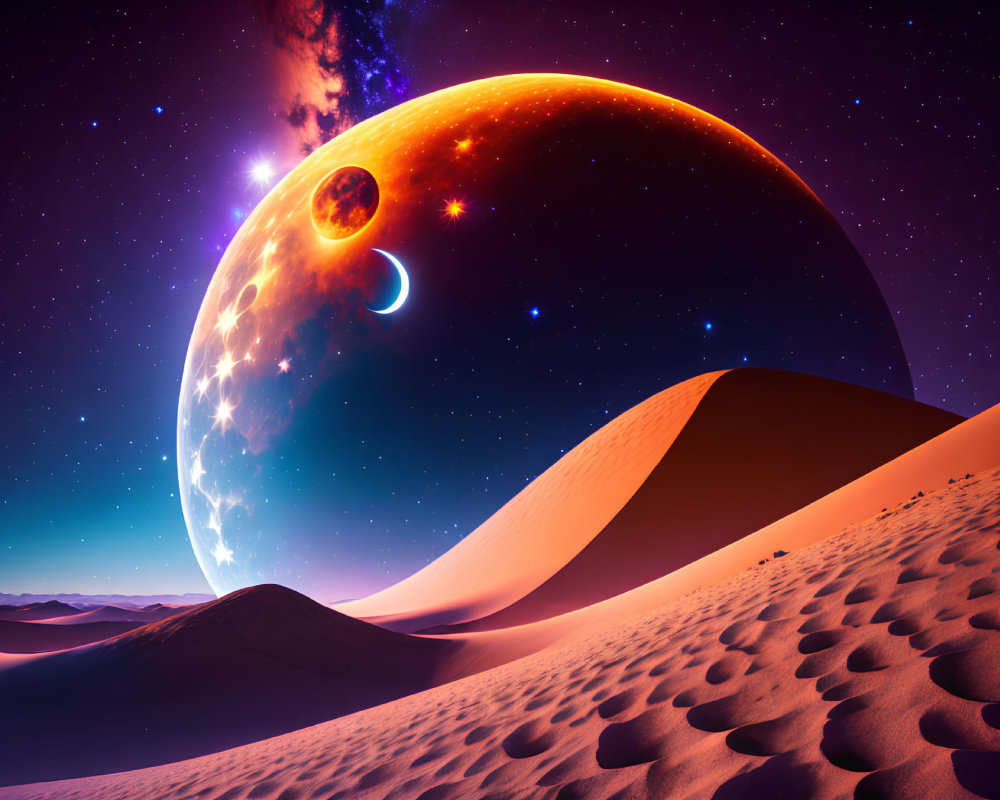 Vividly Colored Planet Rising Over Desert Landscape