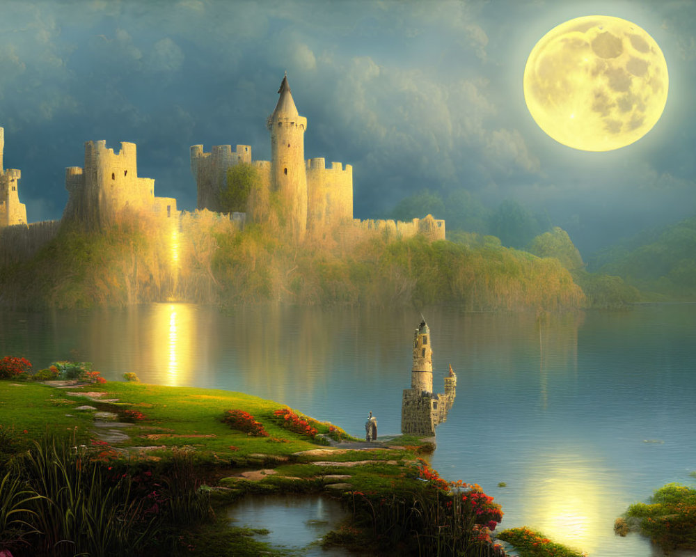 Moonlit castle by lake with figure and statue at dusk