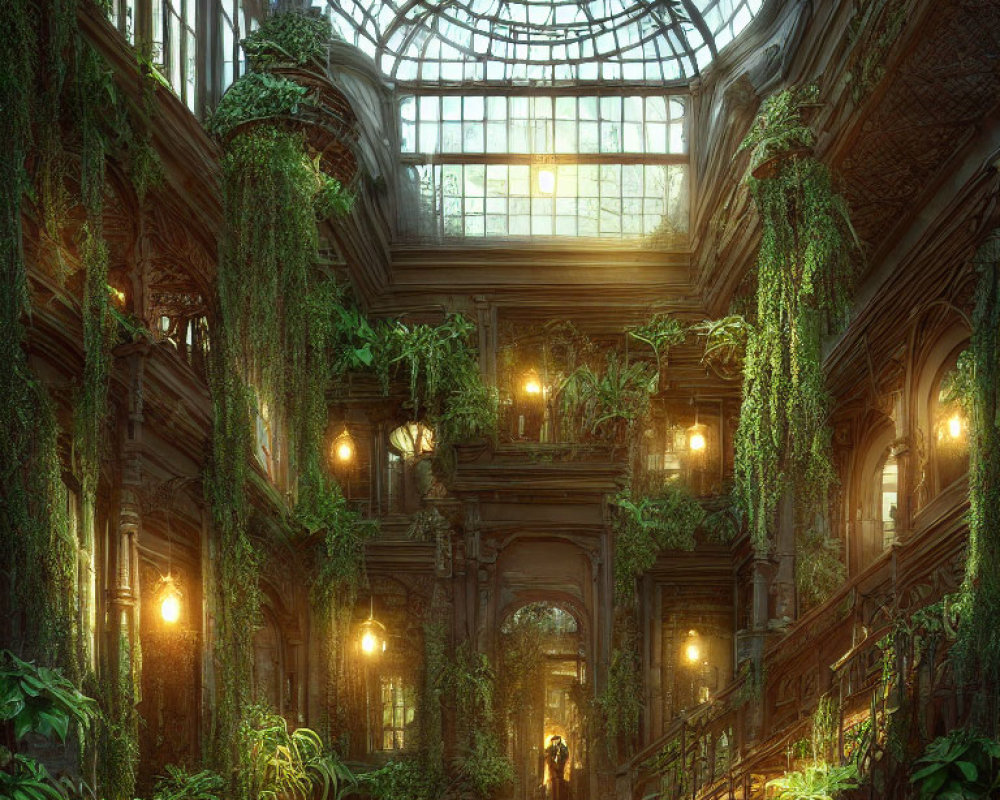 Overgrown greenhouse with lush vegetation and lone figure standing.