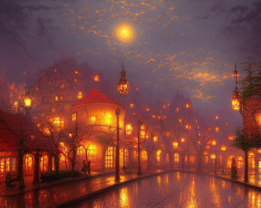 Old-town cobblestone street at night with lit lamps, buildings, couple walking, moon, clouds