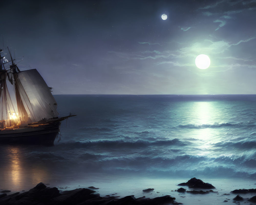 Sailing ship anchored under moonlit night sky on calm sea