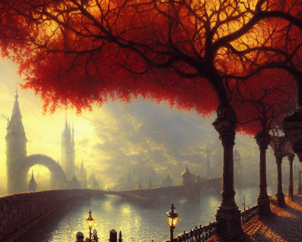 Fantastical sunset cityscape with cobblestone pathways, glowing streetlamps, bridge, and