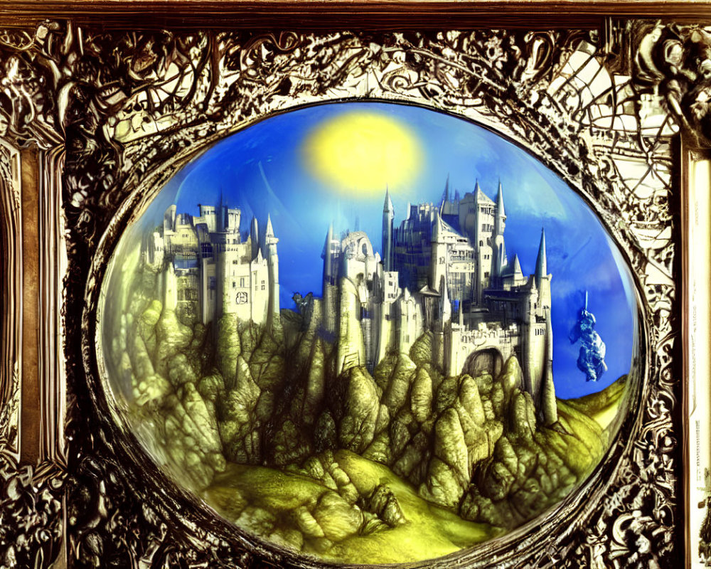 Fantasy castle painting in oval frame with lush greenery and figure