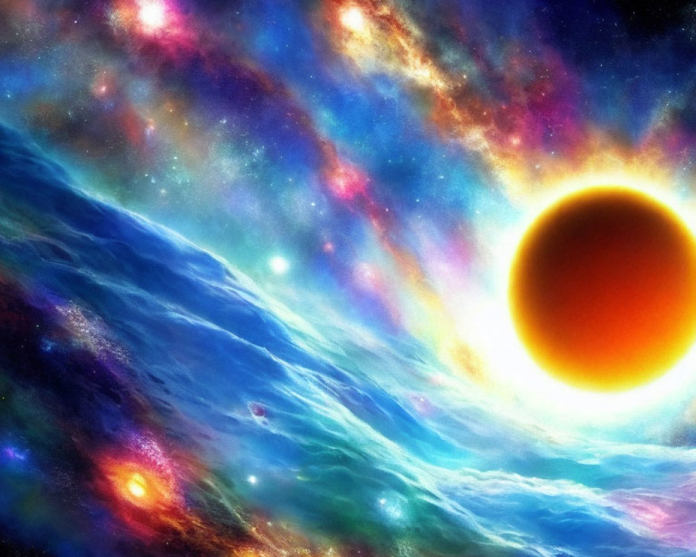 Vibrant cosmic scene with glowing orange planet and star-studded nebulae