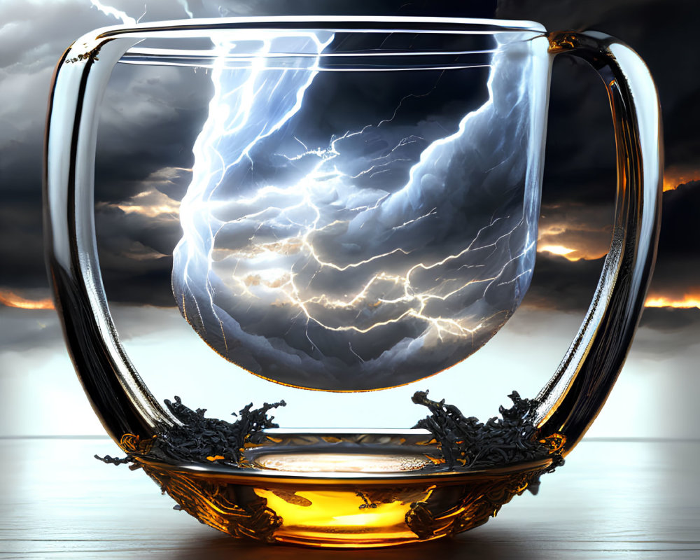 Glass cup with storm and lightning design on wooden surface with golden details