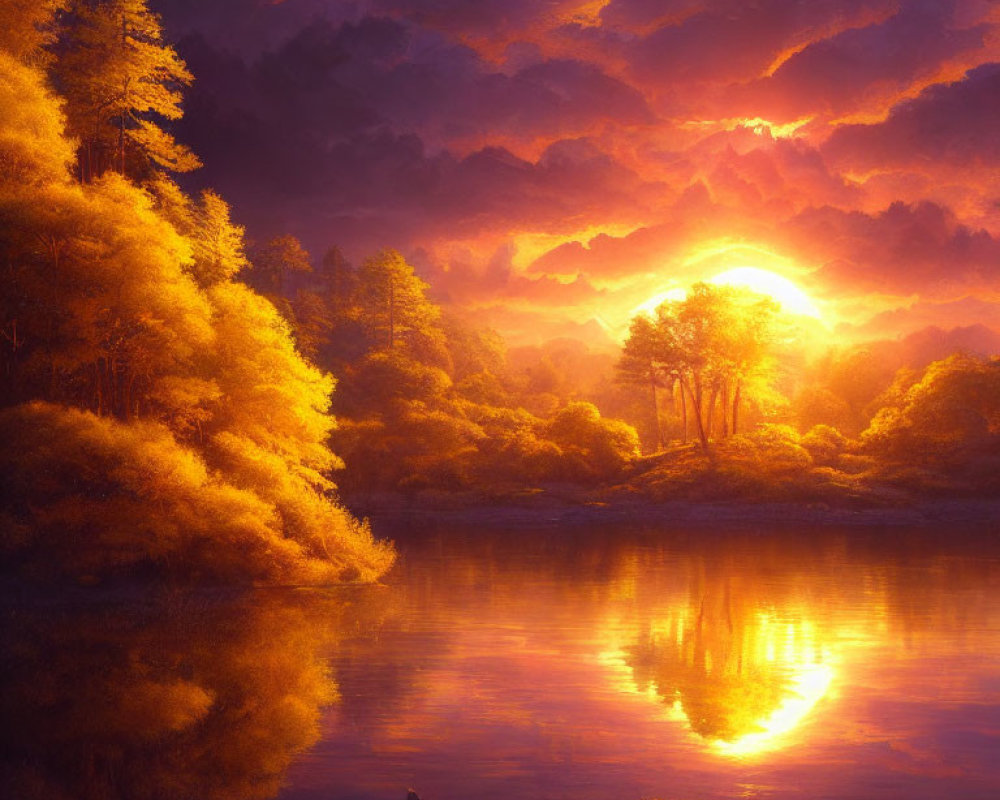 Tranquil forest and lake under radiant sunset sky