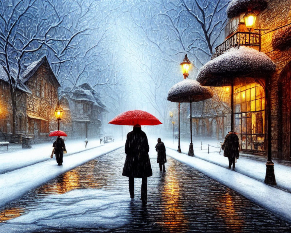 Snowy street scene with people walking under glowing street lamps and old buildings with snow-covered roofs.