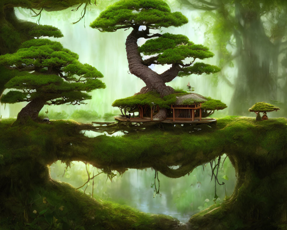 Tranquil fantasy scene: wooden house under bonsai tree above pond