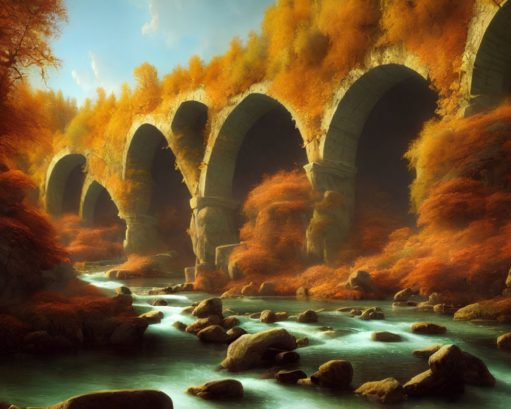 Ancient stone bridge with multiple arches over serene river and autumn trees