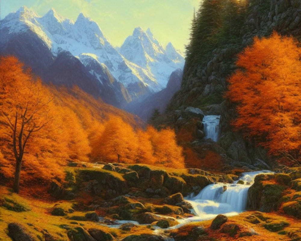 Scenic autumn landscape with golden trees, waterfall, and snowy mountains