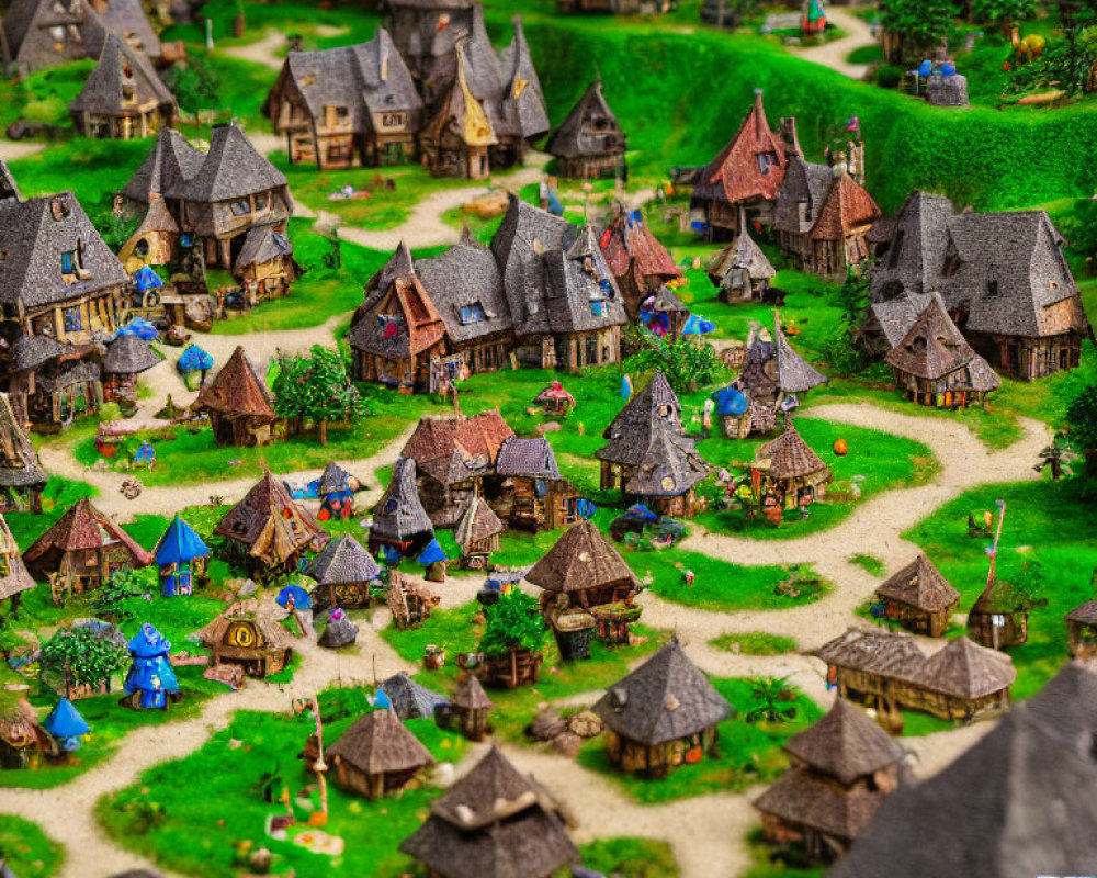 Detailed Miniature Medieval Fantasy Village with Tiny Houses and Figurines