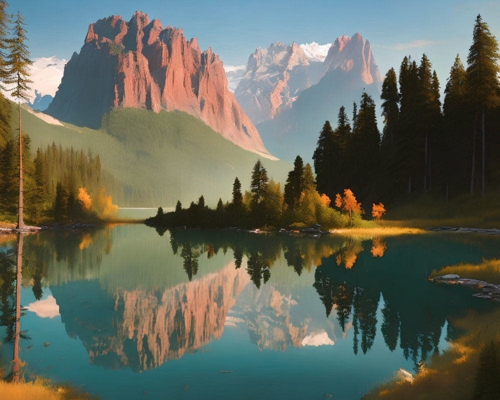 Tranquil Lake Reflecting Forest and Mountain at Sunset