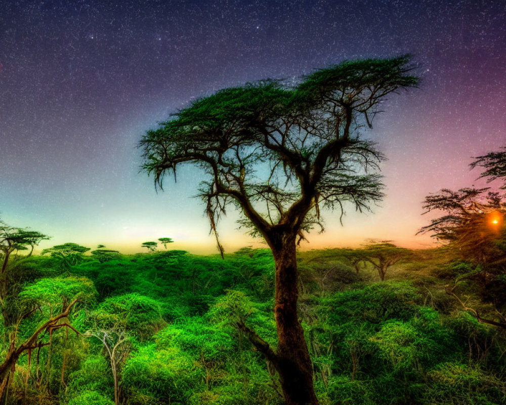 Starry night sky over dense acacia woodland with warm glowing light