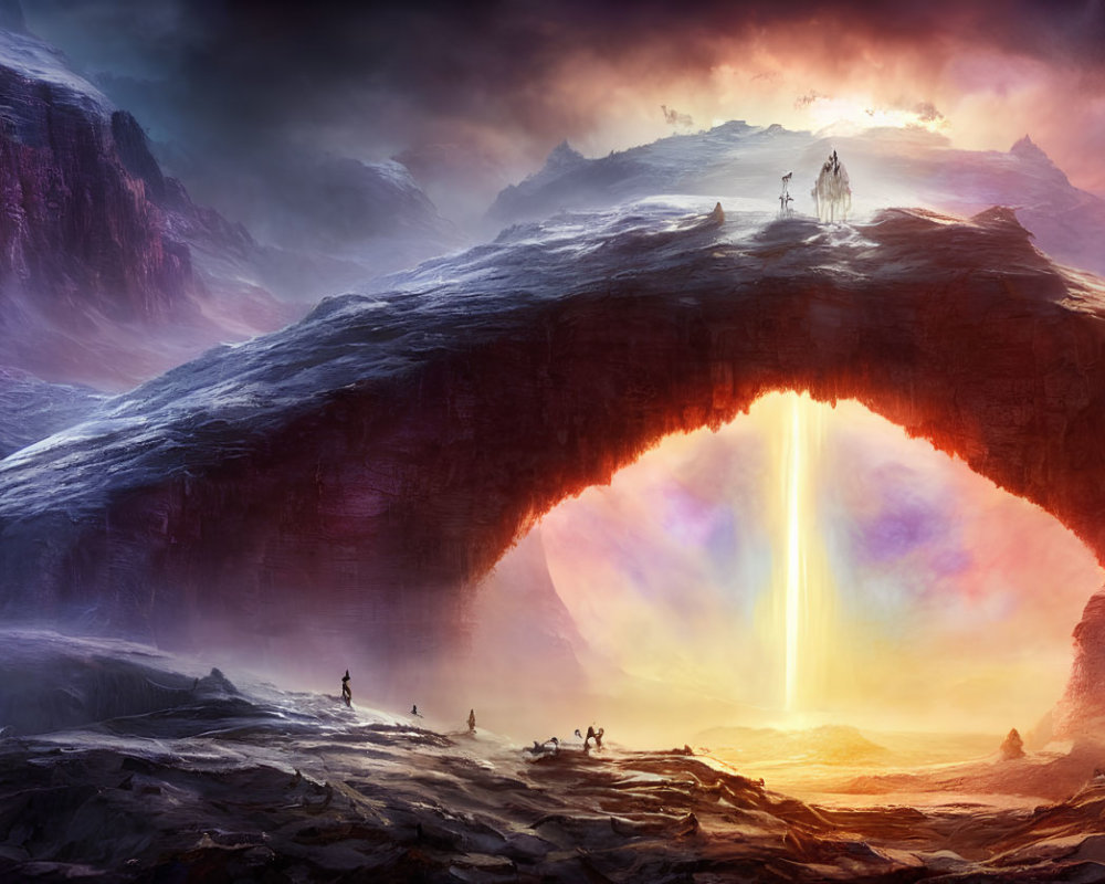 Fantastical landscape with adventurers on rocky arch and luminous portal