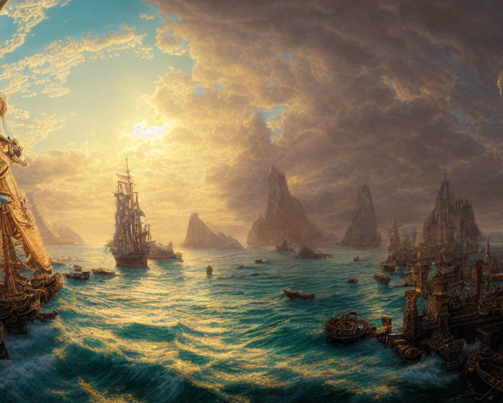 Ornate ships in vivid seascape under dramatic sunset sky