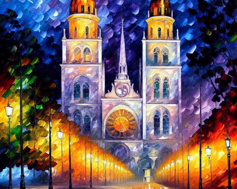 Impressionist-style painting of illuminated church at night