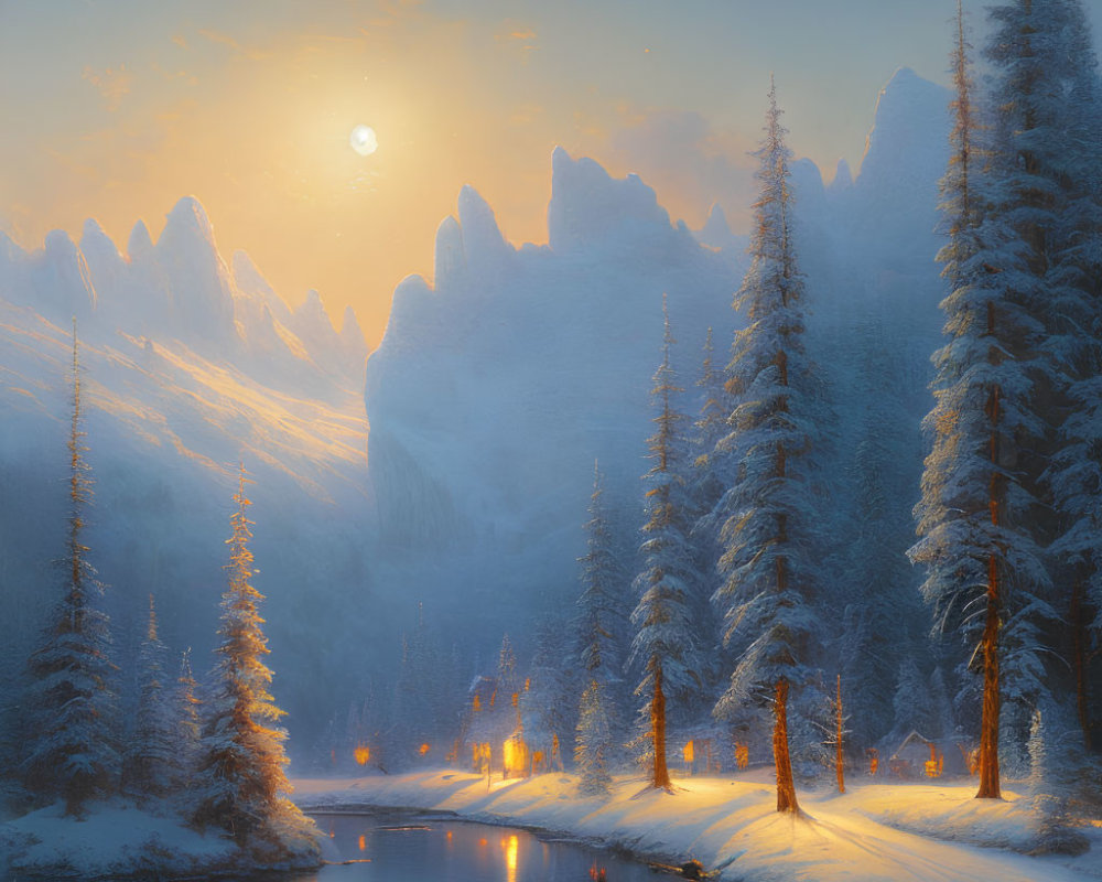 Snow-covered pine trees, river, lanterns, mountains - Tranquil Winter Scene